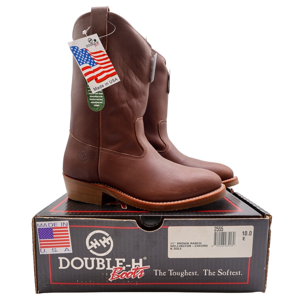 Double-H Boots 10.0 E Mens Vintage 90s Brown Leather Ranch Wellington Work 2555